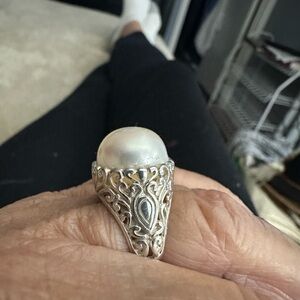Silpada Silver and White Pearl Ring with Intricate Design